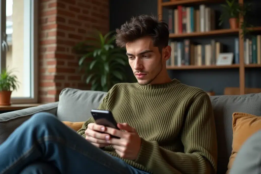 Jeune homme consultant son smartphone dans un appartement parisien moderne, ambiance intime et contemporaine