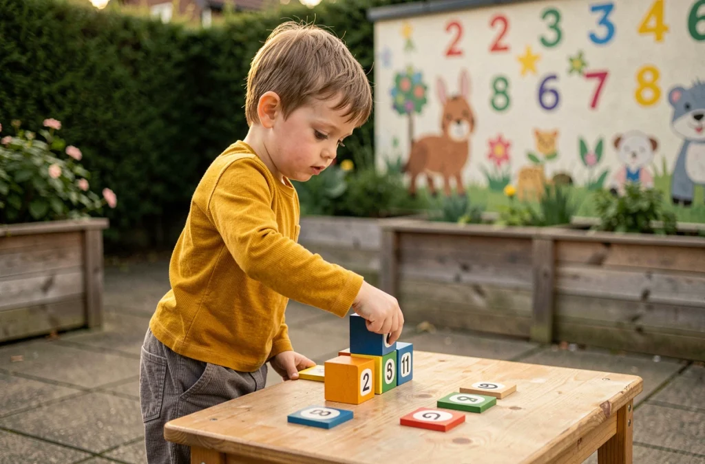 Enfant de maternelle jouant avec des cubes de comptage numérotés dans une cour d'école