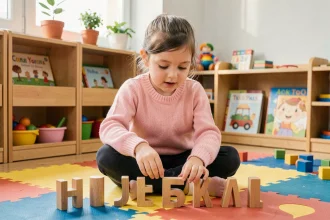 Petite fille en maternelle jouant avec des lettres en bois colorées sur un tapis éducatif