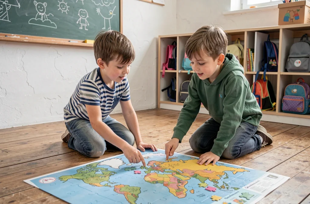 Deux enfants en maternelle collaborant sur un puzzle carte du monde éducatif