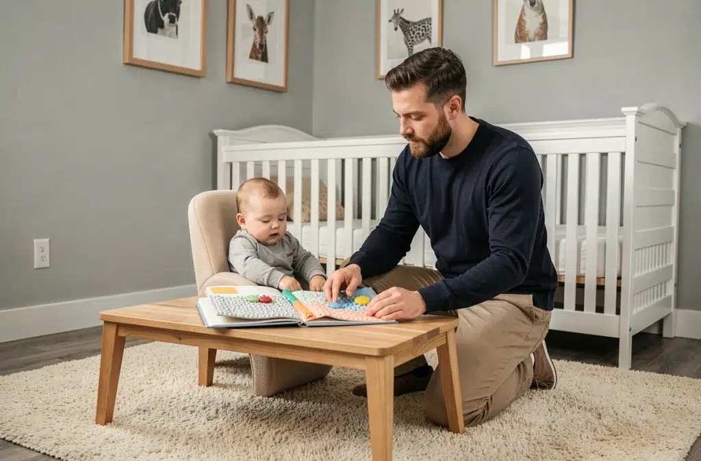 Père barbu jouant avec son bébé de 7 mois avec un livre sensoriel en tissu dans une chambre de bébé moderne et apaisante