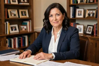 Femme journaliste française assise à son bureau, évoquant le profil discret et professionnel de Judith Waintraub