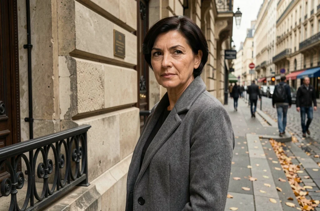 Femme élégante devant un immeuble parisien haussmannien, symbolisant la discrétion et les origines parisiennes de Judith Waintraub