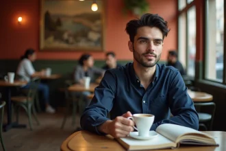 Jules Torres assis dans un café parisien, carnet ouvert devant lui, regard pensif et détendu