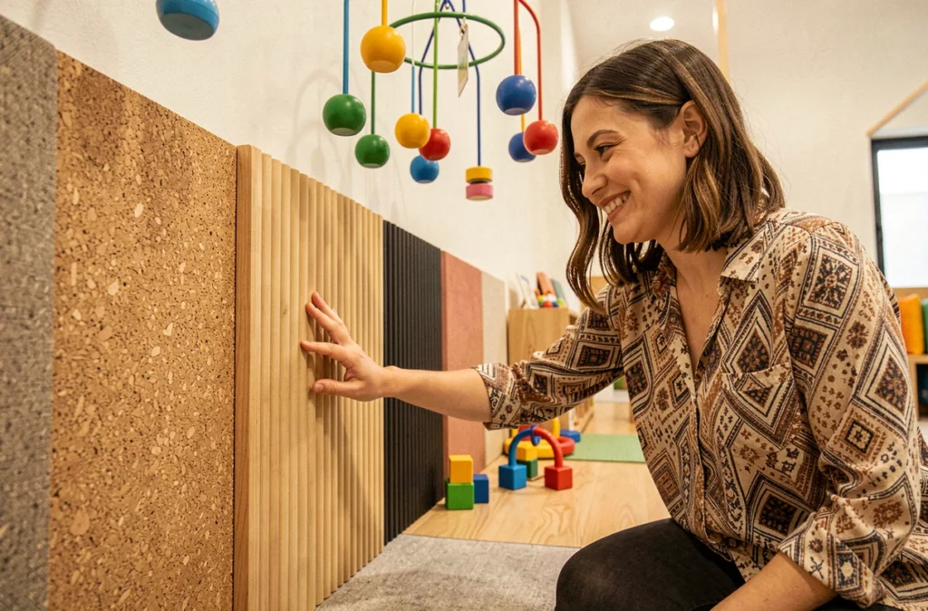 Espace sensoriel d'une crèche Lavorel Kids avec des panneaux texturés au mur et une éducatrice guidant un tout-petit dans l'exploration tactile