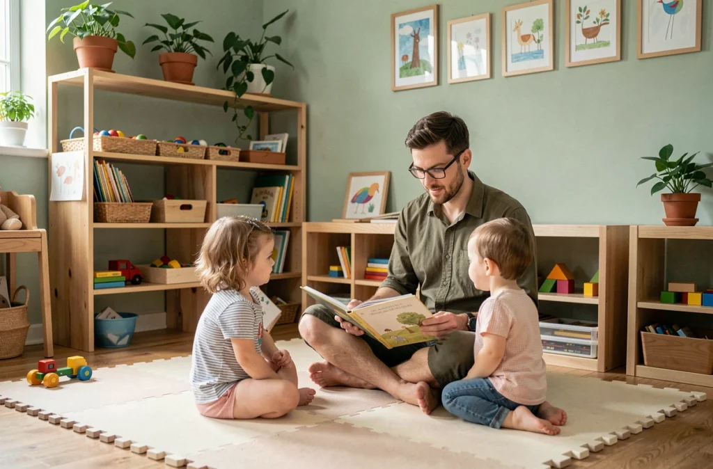Éducateur masculin lisant un album illustré à des tout-petits dans une salle de crèche Liveli décorée de plantes et d'œuvres d'art enfantines encadrées