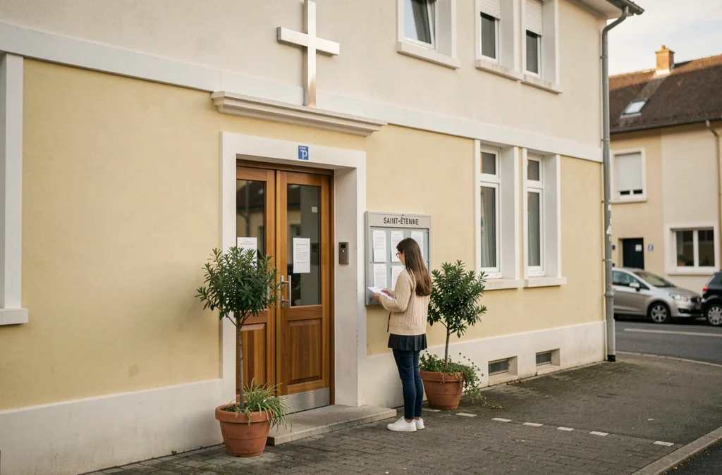 Entrée de La Salésienne à Saint-Étienne avec une élève consultant le panneau d'affichage