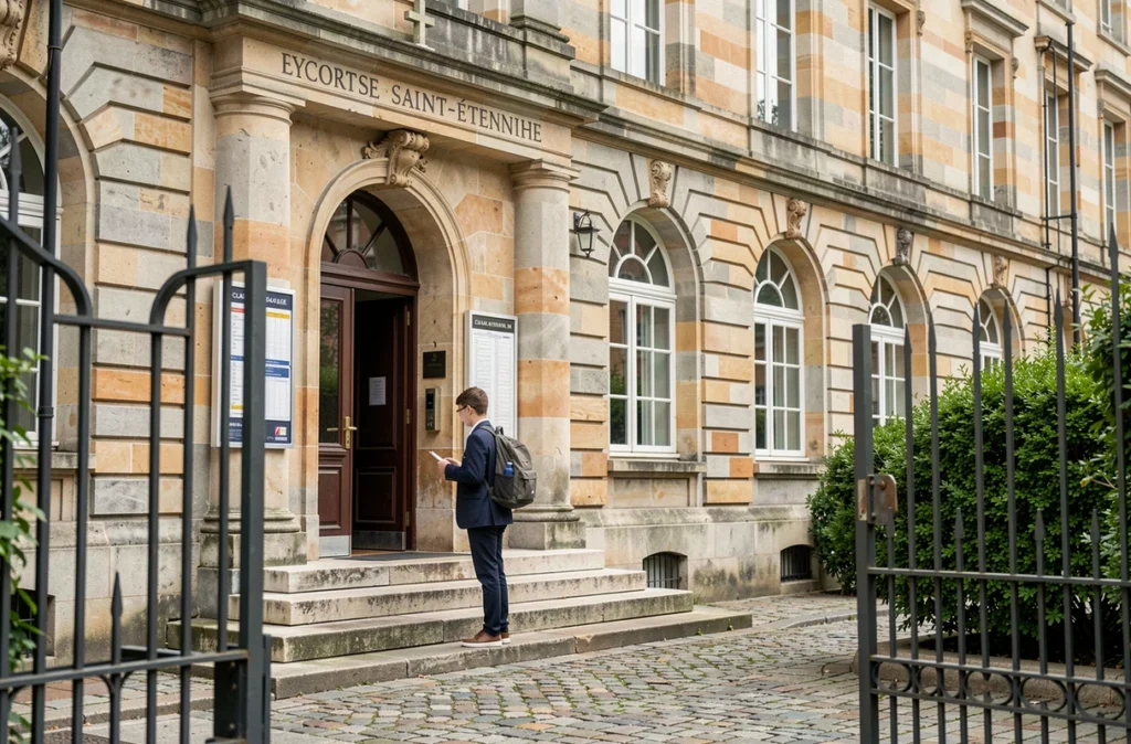 Entrée du Lycée Saint-Paul à Saint-Étienne avec un élève devant la façade en pierre