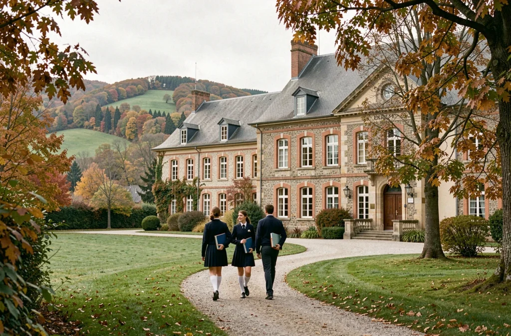Bâtiment de Lycée Sainte-Marie La Grand'Grange à Saint-Chamond entouré d'arbres en automne