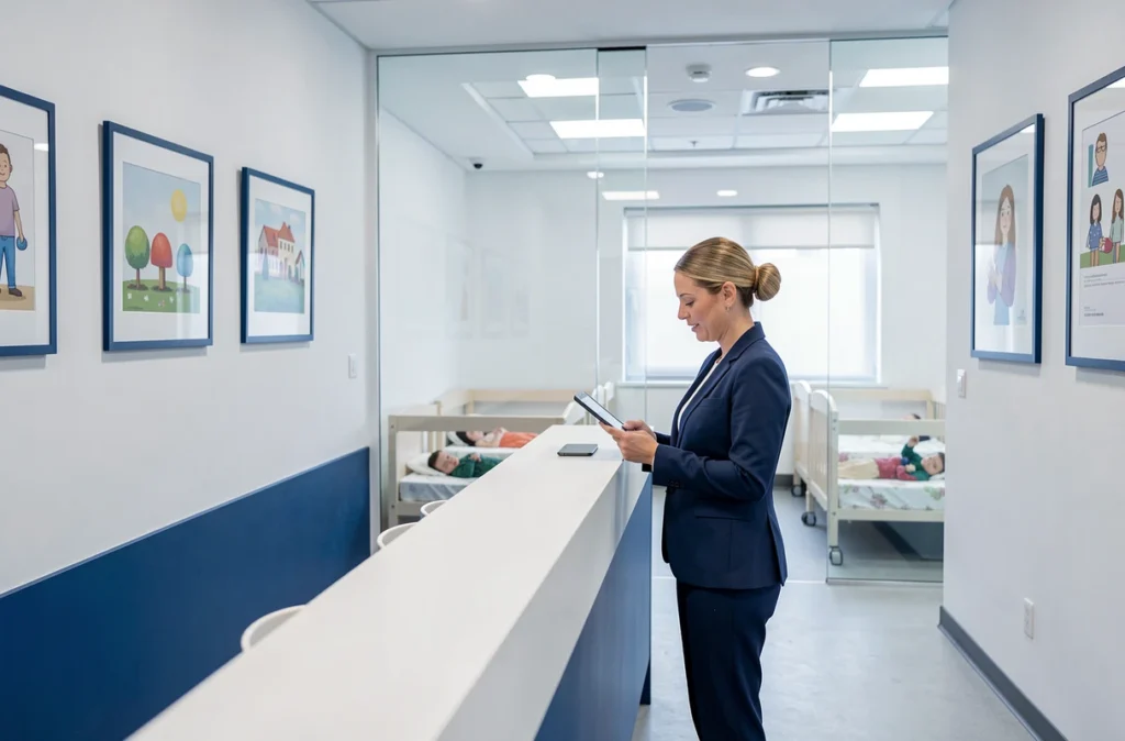 Hall d'accueil professionnel d'une crèche inter-entreprises La Maison Bleue avec une administratrice consultant une tablette et une salle de sieste visible derrière une vitre
