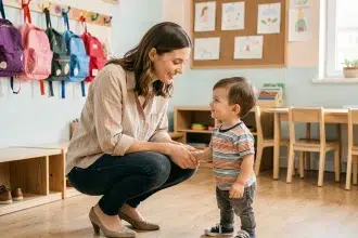 Maman accroupie qui rassure son fils à l'entrée d'une classe de maternelle lors de la rentrée scolaire