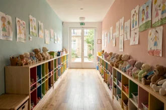 Couloir d'une crèche en Île-de-France avec des casiers colorés, des chaussures d'enfants alignées et des dessins accrochés aux murs pastel