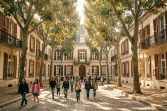 Cour intérieure d'une école privée dans la Loire avec des élèves en uniforme et des bâtiments historiques