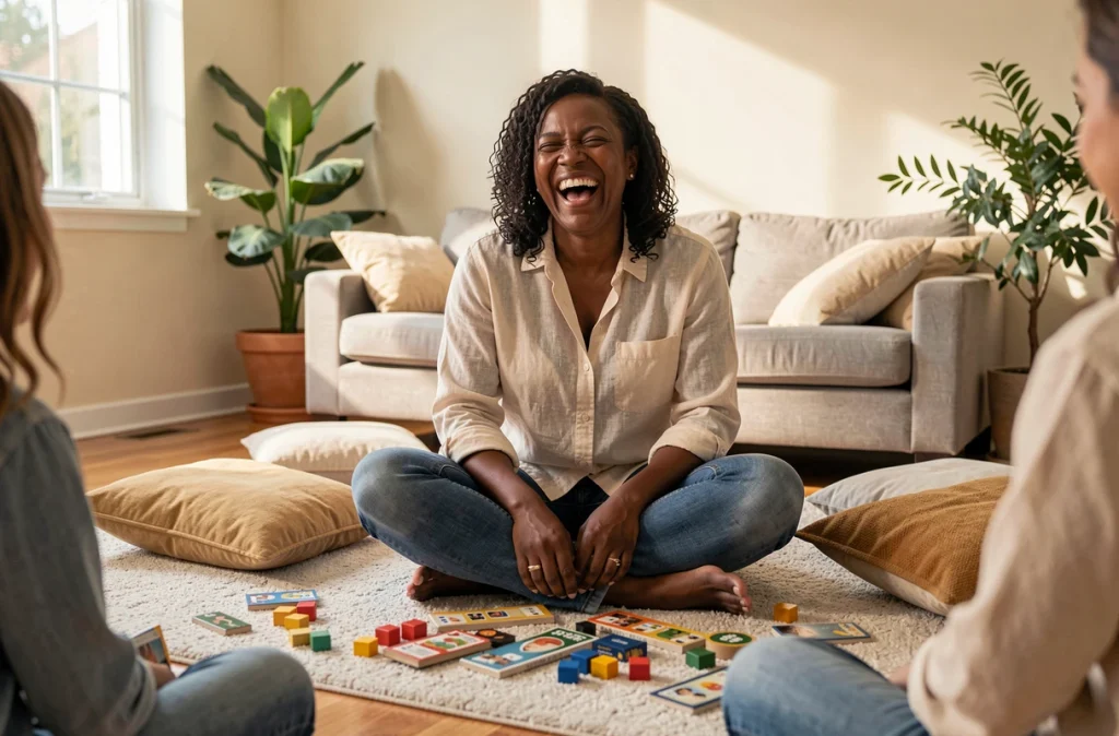 Mère de famille épanouie profitant d'un moment de détente et de jeu à la maison avec ses proches