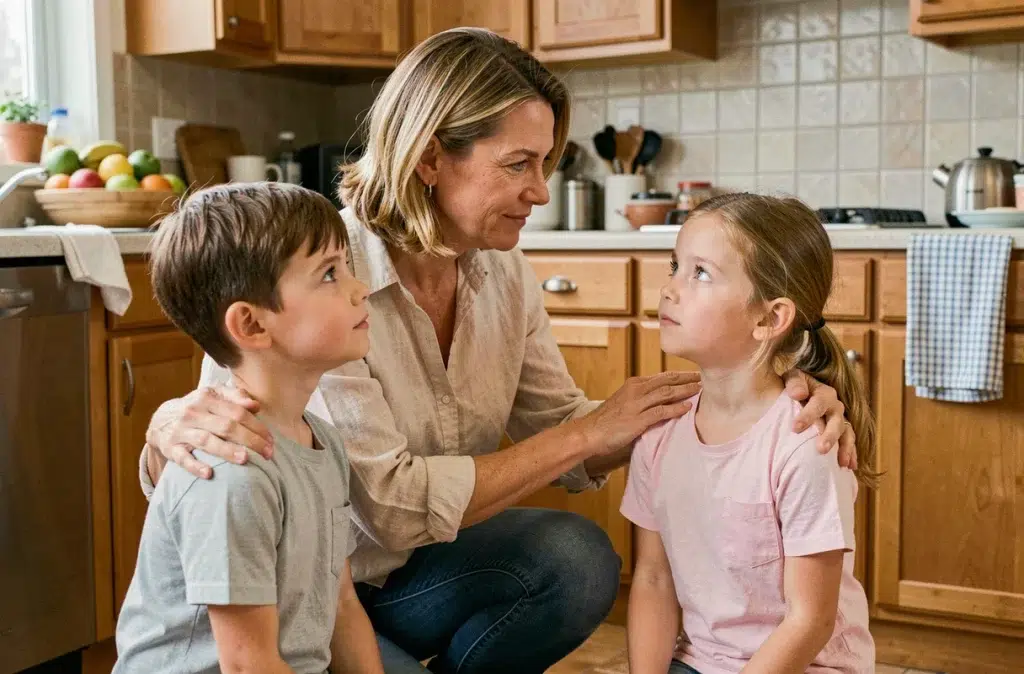 Une mère bienveillante s'accroupit pour parler calmement à ses deux enfants en conflit dans une cuisine familiale