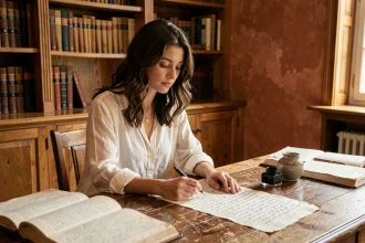 Jeune femme écrivant à la plume dans une bibliothèque ancienne, évoquant l'histoire et l'origine du prénom Julia