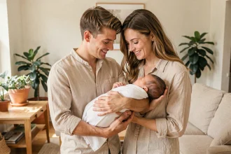 Parents tenant leur bébé enveloppé dans un tissu de baptême blanc dans un salon chaleureux