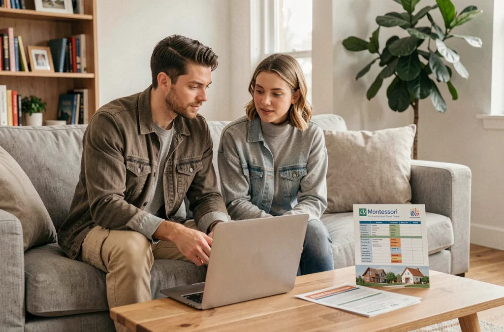 Couple de parents consultant un budget en ligne pour estimer le coût d'une scolarisation Montessori pour leur enfant