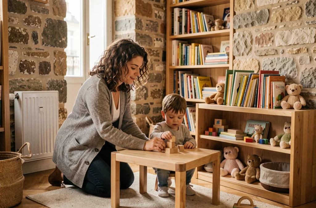 Intérieur intimiste d'une micro-crèche People&Baby à Paris avec une éducatrice aidant un enfant à assembler des blocs en bois dans un cadre chaleureux