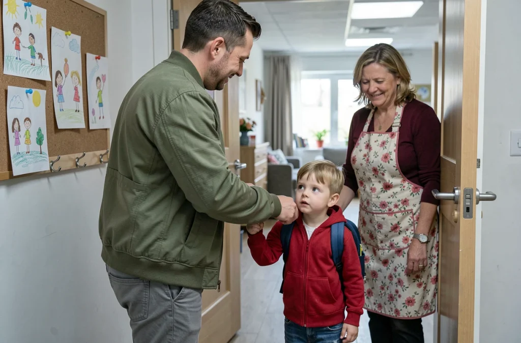 Père accompagnant son enfant à la crèche, passant le relais à une assistante souriante dans un couloir d'accueil