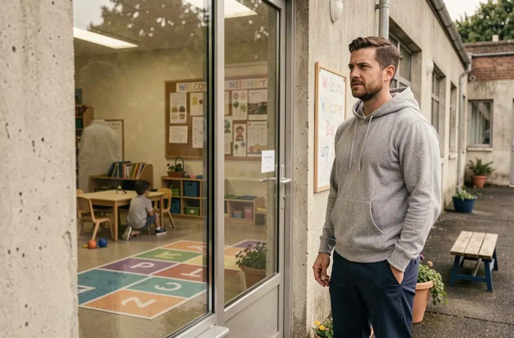 Père devant l'école maternelle regardant son enfant s'installer sereinement en classe lors de la rentrée