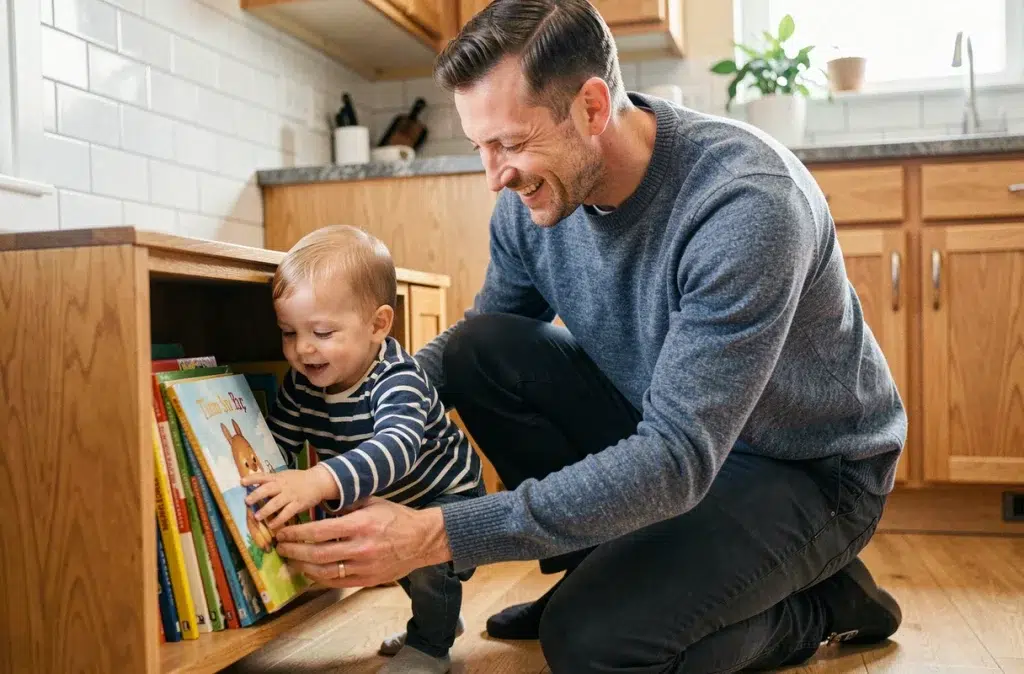 Père aidant sa petite fille à ranger des livres illustrés dans une bibliothèque basse dans la cuisine, activité de préparation à l'arrivée d'un deuxième enfant