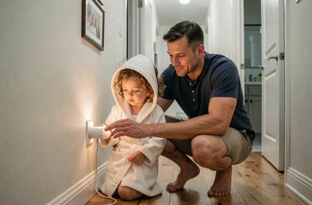 Père montrant une veilleuse à sa petite fille dans le couloir, solution rassurante contre la peur du noir