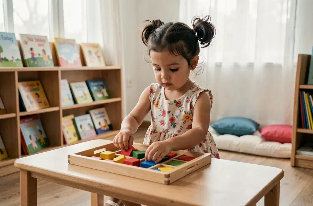 Petite fille concentrée sur une activité de tri en classe de maternelle lors de sa première semaine scolaire