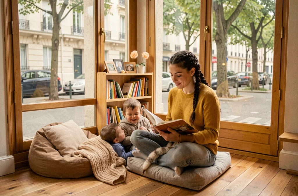 Coin lecture d'une micro-crèche Les Petites Canailles à Paris avec une éducatrice lisant à deux tout-petits dans un espace chaleureux donnant sur la rue