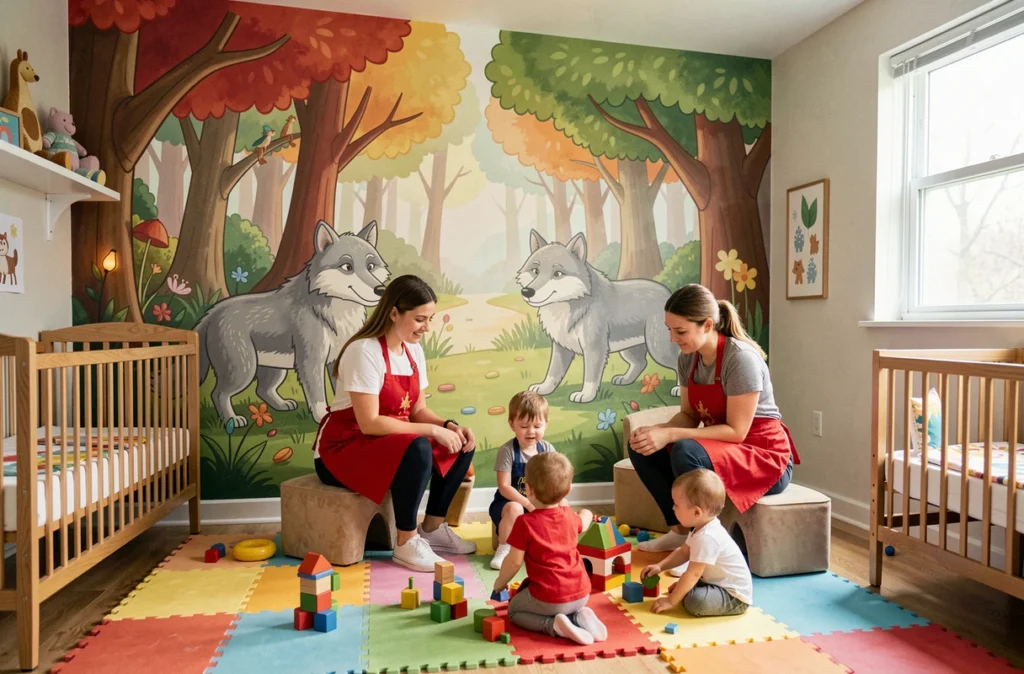 Salle de jeux de la crèche Les Petits Chaperons Rouges avec une fresque forêt peinte au mur et des éducatrices en tablier rouge accompagnant des tout-petits