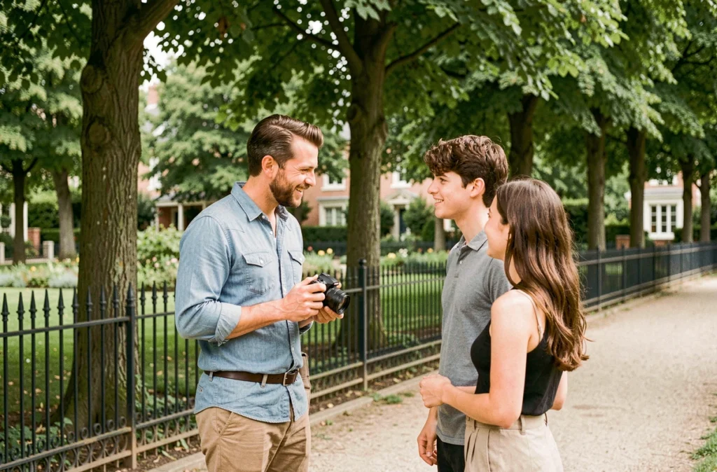 Photographe consultant un couple de clients dans un parc paisible de Fontenay-aux-Roses lors d'une séance de préparation en extérieur
