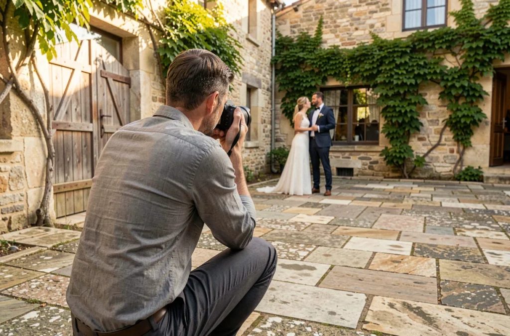 Photographe de mariage en action dans une cour de ferme traditionnelle de l'Aveyron près de Rodez