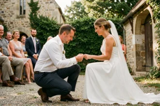 Photographe de mariage au travail lors d'une cérémonie en plein air à Charleville-Mézières, capturant l'échange des alliances avec une architecture en pierre en arrière-plan