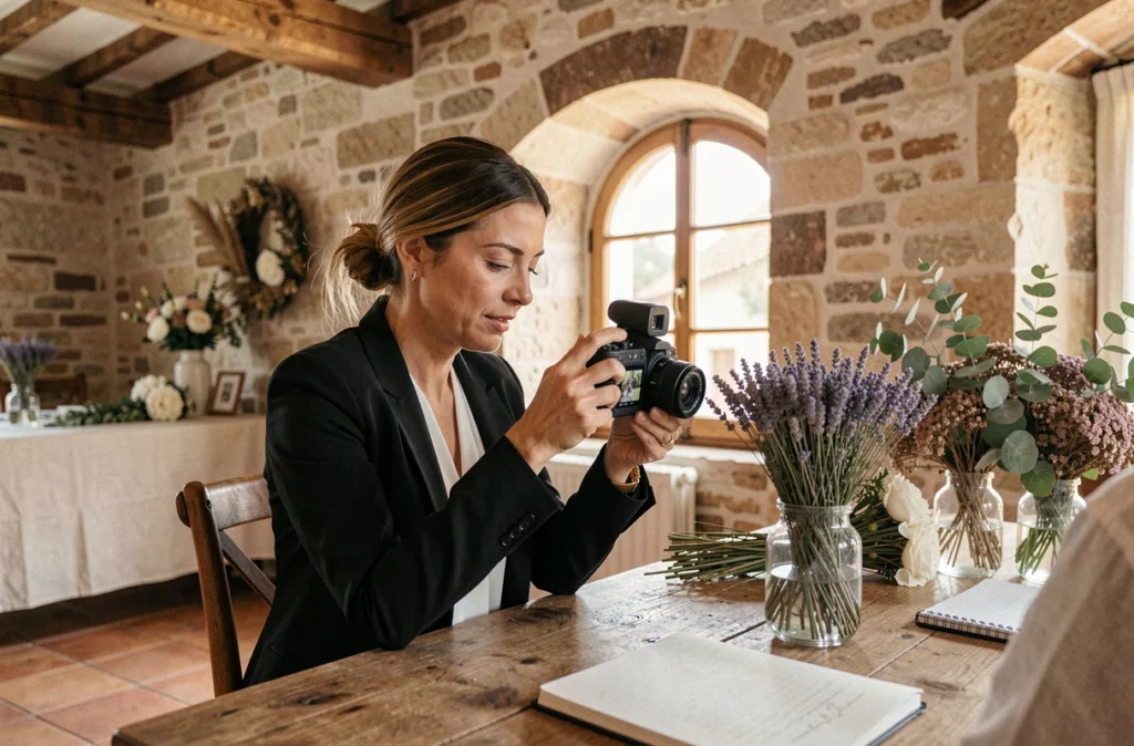 Photographe de mariage féminine consultant ses images dans une ferme provençale typique des Alpes-Maritimes