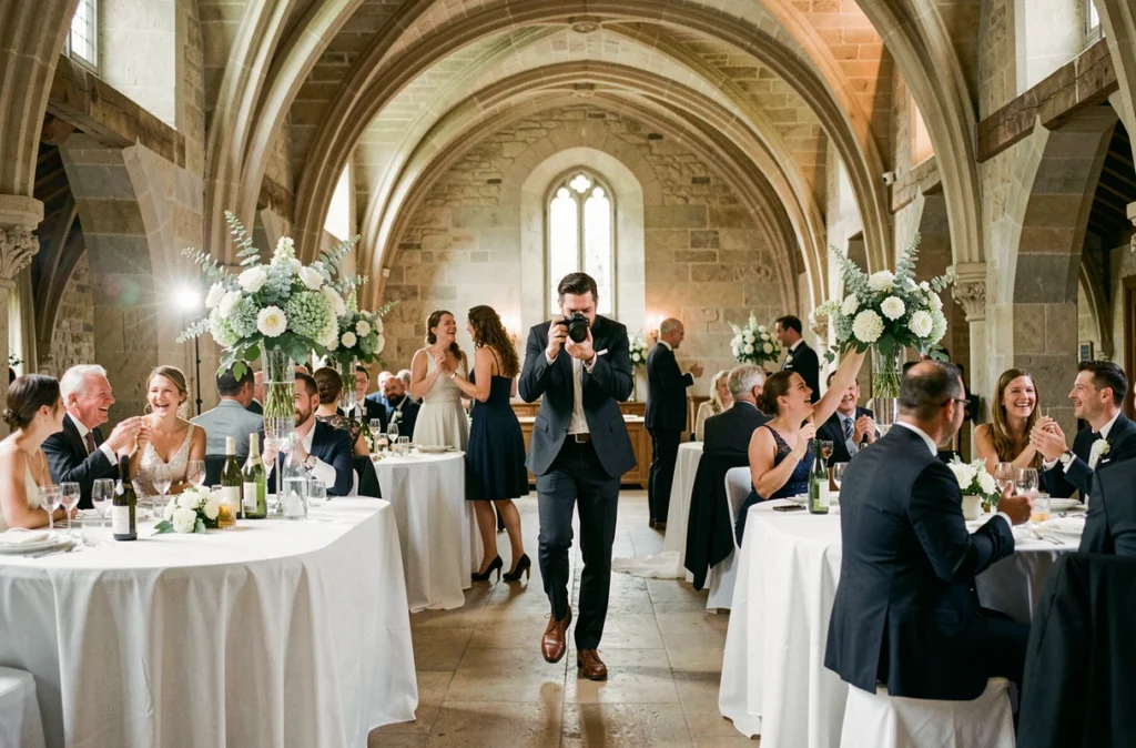 Photographe de mariage se déplaçant discrètement lors d'une réception en salle dans un domaine élégant de Charleville-Mézières, capturant des moments spontanés entre les convives
