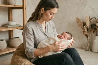 Photographe naissance à Clermont-Ferrand posant délicatement un nouveau-né dans un studio minimaliste