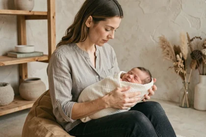 Photographe naissance à Clermont-Ferrand posant délicatement un nouveau-né dans un studio minimaliste