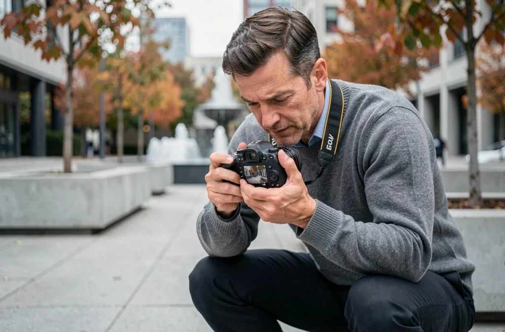 Photographe masculin consultant ses photos sur son appareil reflex dans une place moderne avec fontaine à Cachan