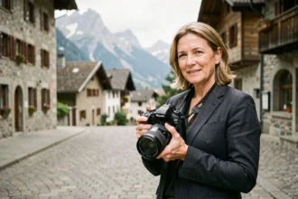 Photographe professionnelle tenant un appareil photo reflex devant les rues pittoresques d'Aigle, en Suisse