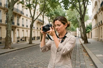 Photographe professionnelle dans une rue résidentielle de Cachan tenant un appareil photo reflex devant des immeubles haussmanniens