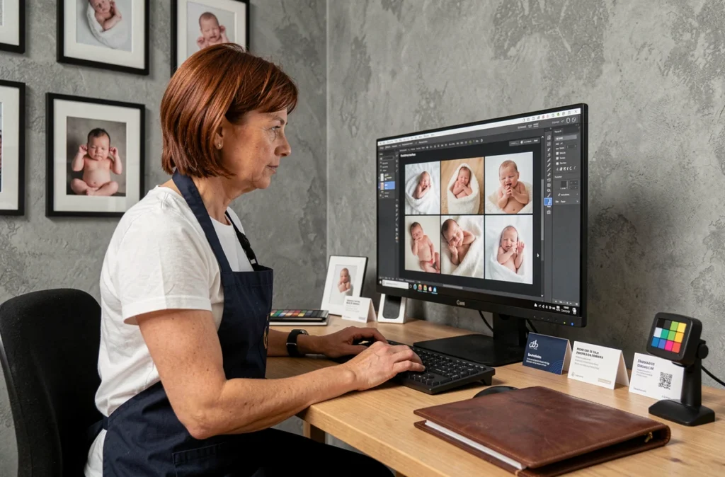 Photographe professionnelle sélectionnant des photos de naissance dans son bureau à Clermont-Ferrand