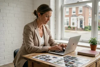 Photographe professionnelle à Fontenay-aux-Roses révisant ses photos dans un studio lumineux avec architecture française typique en arrière-plan