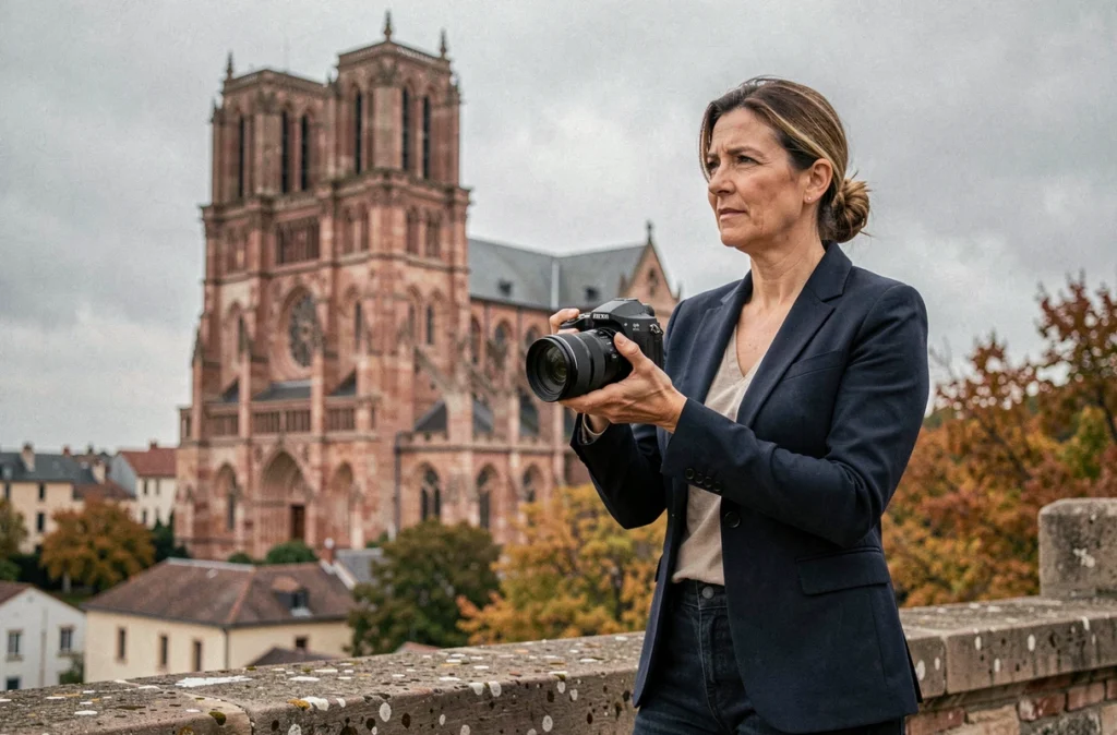Photographe femme en repérage de lieu devant la cathédrale de Rodez avec appareil photo professionnel