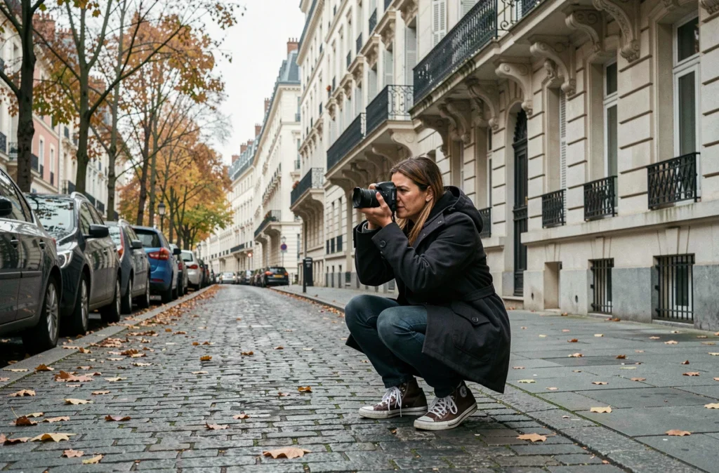 Photographe en plein travail dans une rue résidentielle de Fontenay-aux-Roses capturant des façades haussmanniennes typiques par un jour d'automne