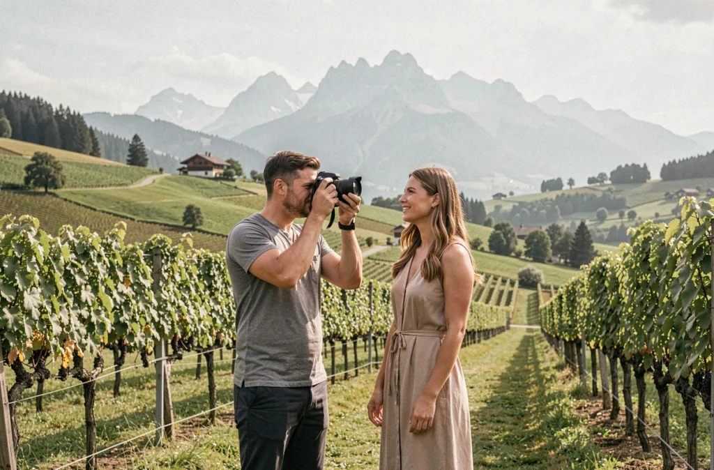 Photographe de portrait en plein travail dans les vignobles autour d'Aigle lors d'une séance photo en couple