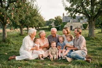 Famille multigénérationnelle réunie dans la campagne normande, riant ensemble sous des pommiers près d'une ferme en pierre