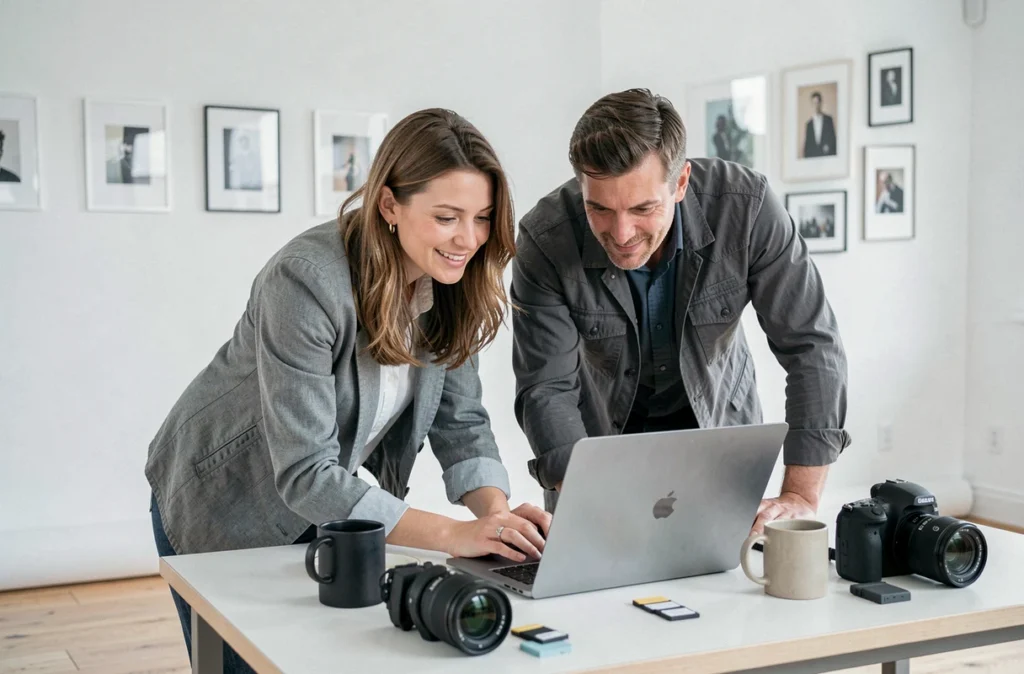 Deux photographes analysant des clichés sur ordinateur dans un studio photo professionnel à Aigle