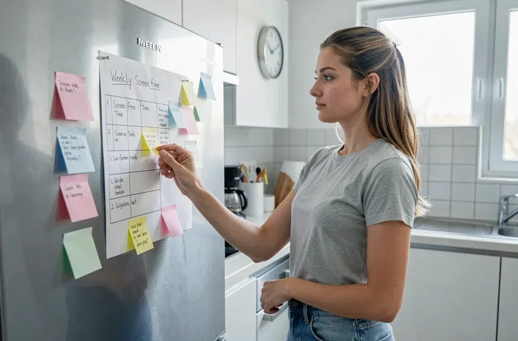 Jeune femme organisant un planning hebdomadaire sans écrans sur son réfrigérateur avec des post-its colorés, illustrant une approche structurée de la gestion des écrans à la maison
