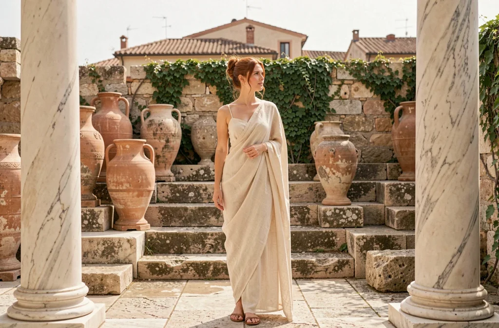Femme en tenue romaine dans un cour antique avec colonnes de marbre, illustrant les origines latines du prénom Julia