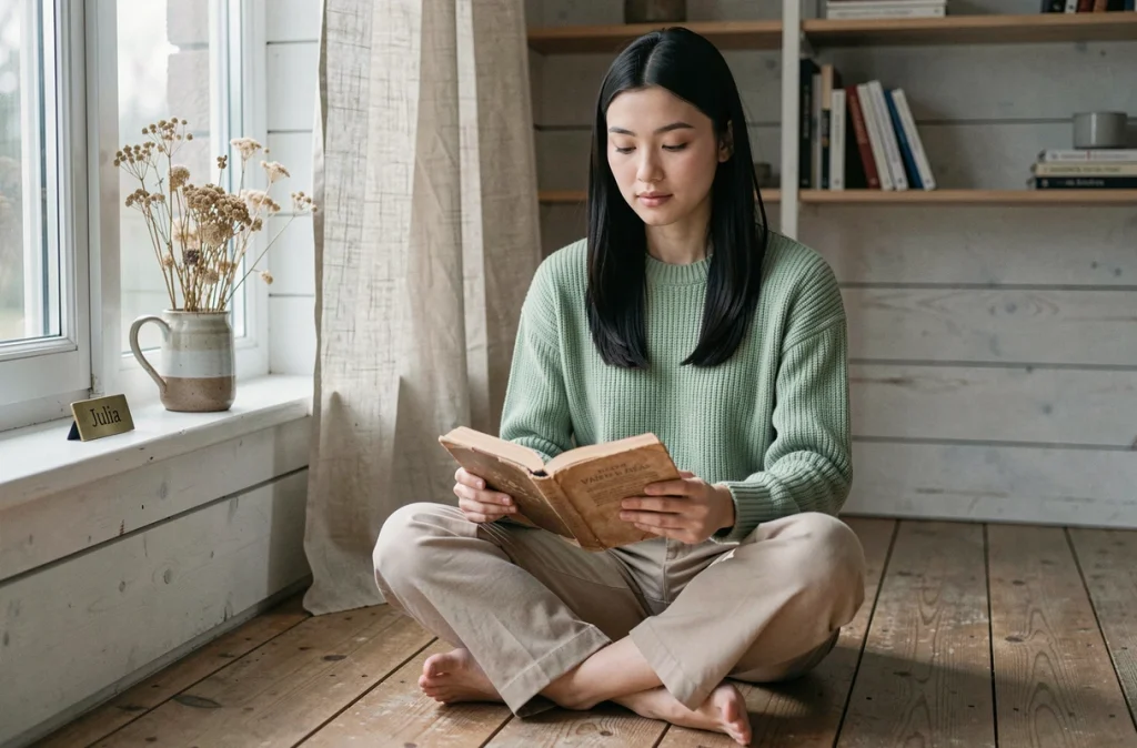 Jeune femme lisant près d'une fenêtre avec une plaque gravée du prénom Julia, dans un appartement scandinave chaleureux